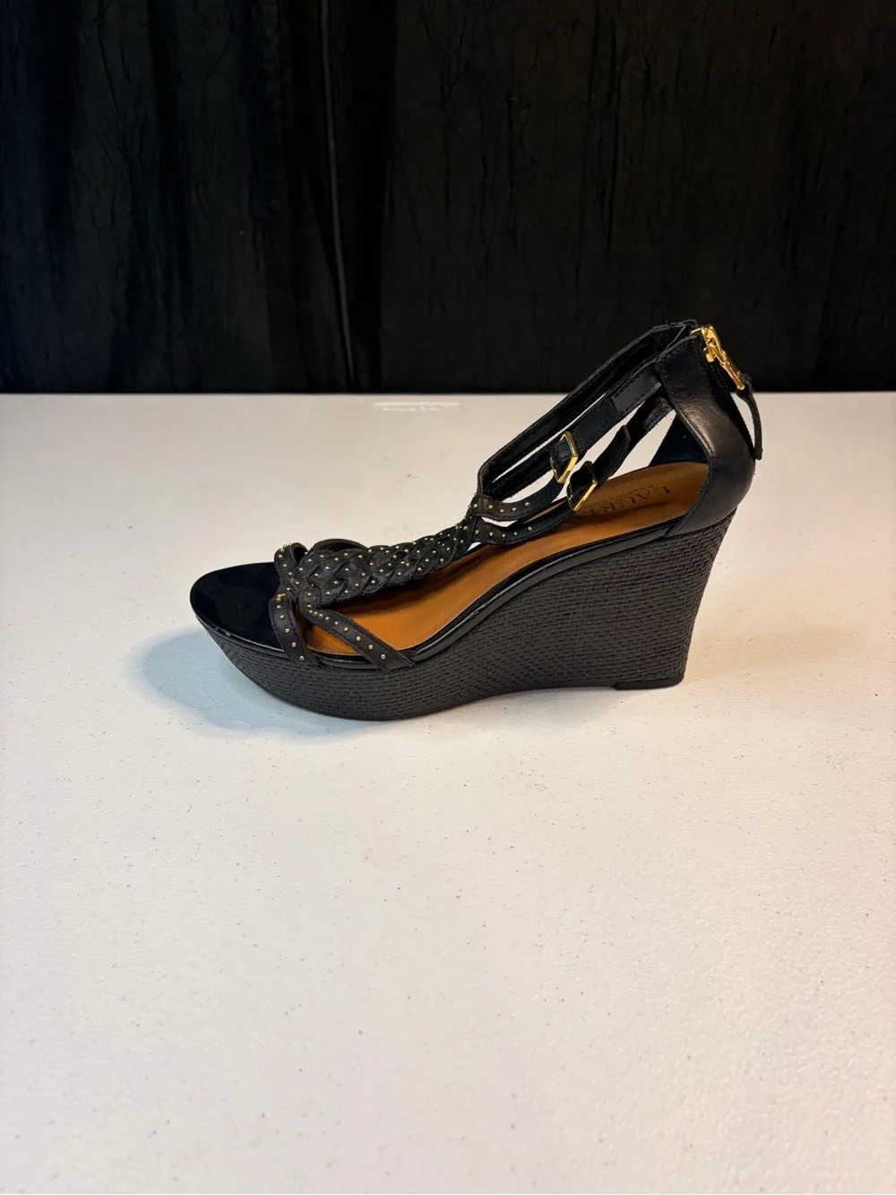 Lauren Ralph Lauren Quanta Black Leather Studded Wedge Sandals‎ 8.5B 11424 L15